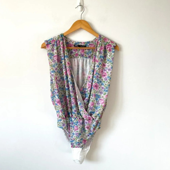 Zara Watercolor Floral Draped Deep V Neck Plunge Bodysuit Sz Small - Picture 5 of 10